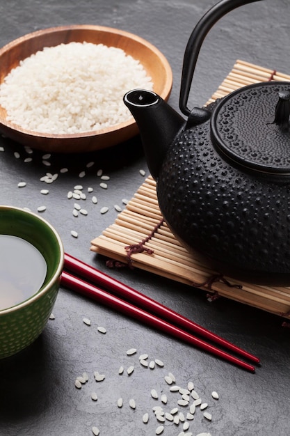 Asian tea bowl and teapot