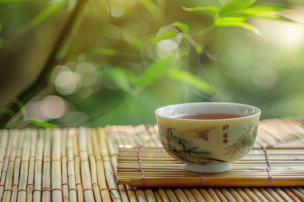 Asian Tea Cup on Bamboo Table Illustration