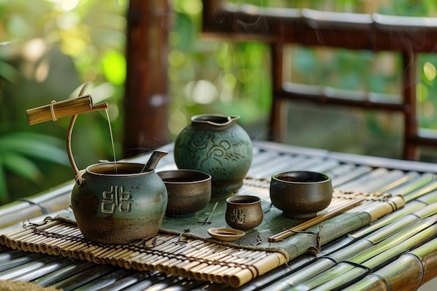 Asian Tea Preparation on Bamboo Table Illustration