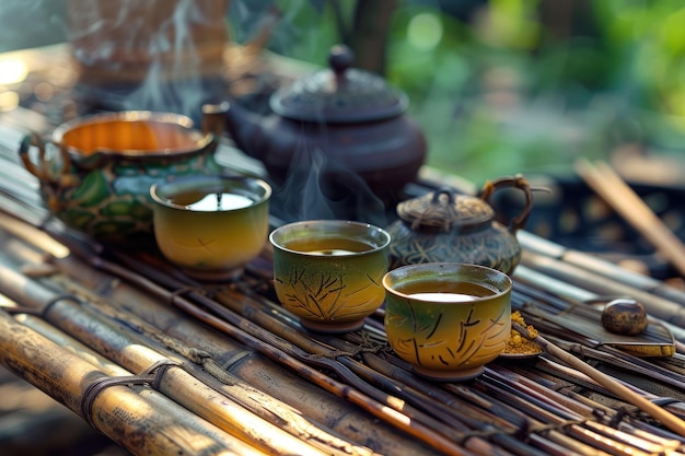 Asian Tea Preparation on Bamboo Table Illustration