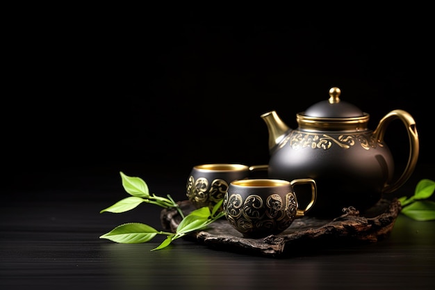 Asian tea set with iron teapot and ceramic teacups accompanied by green tea and leaves displayed on