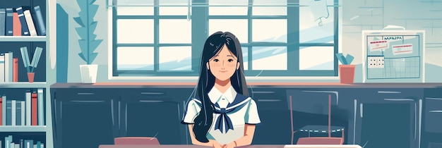 Asian teenage girl sits at desk in urban classroom with city view She wears white school uniform