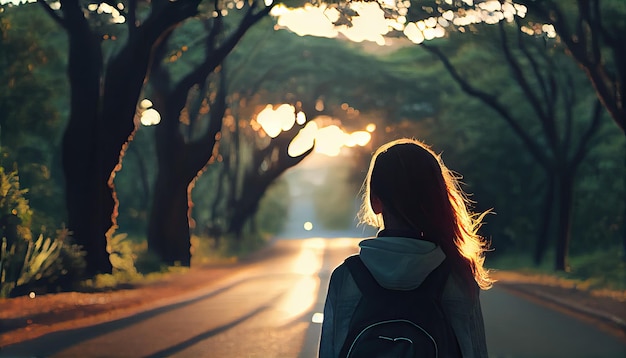 Asian tourist girl with a backpack stands alone on the road Travel trip adventure tourism concept