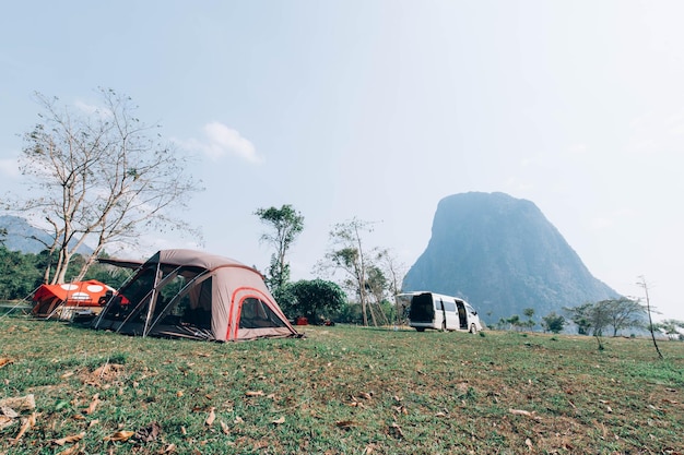 Asian tourists camping at night on the coast of Laos tourist attraction