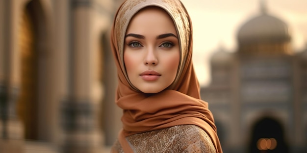 an Asian traditional dress for Muslim woman on the mosque background