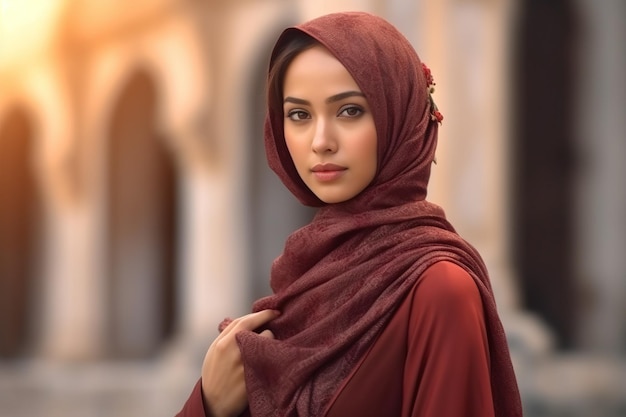 an Asian traditional dress for Muslim woman with maroon color on the mosque background