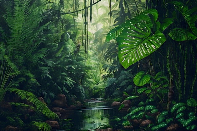 Asian tropical jungle rainforest in daytime Neural network generated art