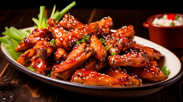 Asian wings with sesame seeds on a plate Selective focus Food