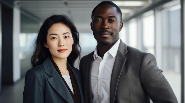 Asian woman and african man Background of the office Modern confident couple