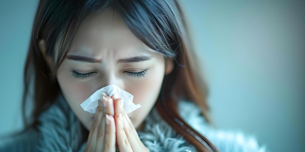 Asian woman blowing nose due to flu or allergies Closeup with copy space Concept Healthcare Allergies Flu Symptoms Asian Woman Copy Space