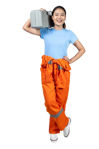 Asian woman car technician in uniform carrying car jack box