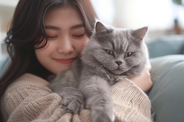 Asian woman cuddles Persian cat in living room