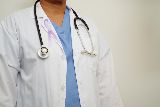 Asian woman doctor with purple ribbon World Pancreatic Cancer day or World Alzheimer day