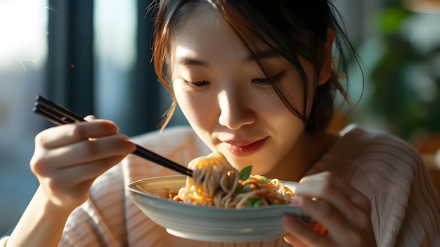 Photo asian woman eating a meal generative ai