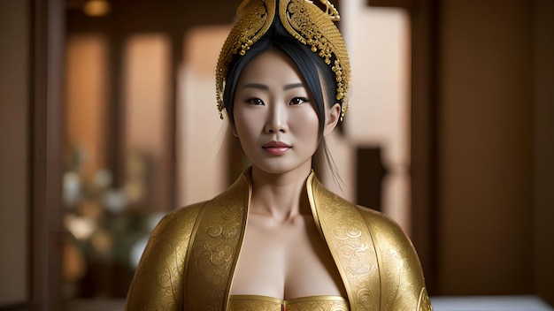 Asian woman emperor wearing gold dress generative art by AI