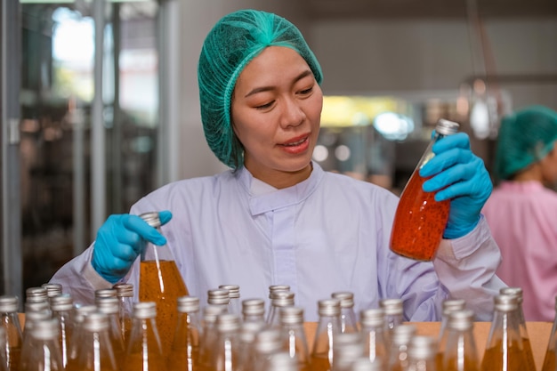 Asian woman employee working Food quality control in Factory and worker inspecting production line beverage tanker in of dairy factory Concept food industry