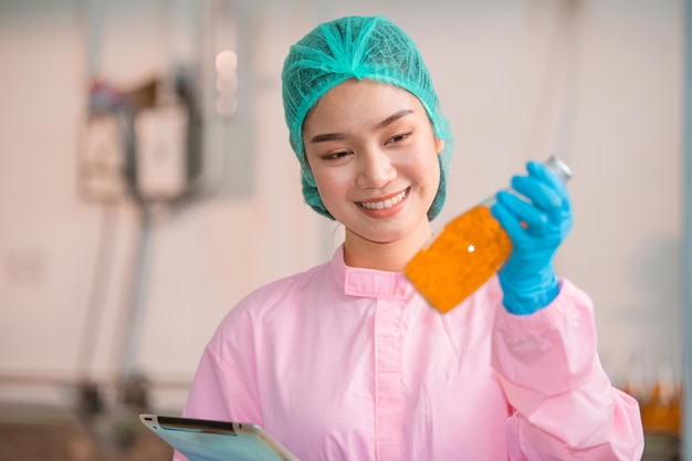 Asian woman employee working Food quality control in Factory and worker inspecting production line beverage tanker in of dairy factory Concept food industry