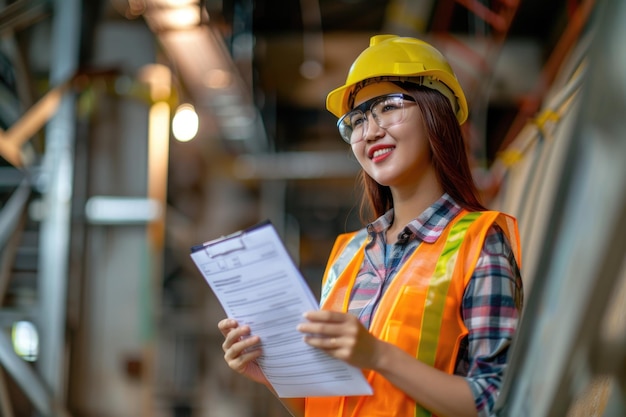 Asian woman engineer at construction site making precast concrete wall