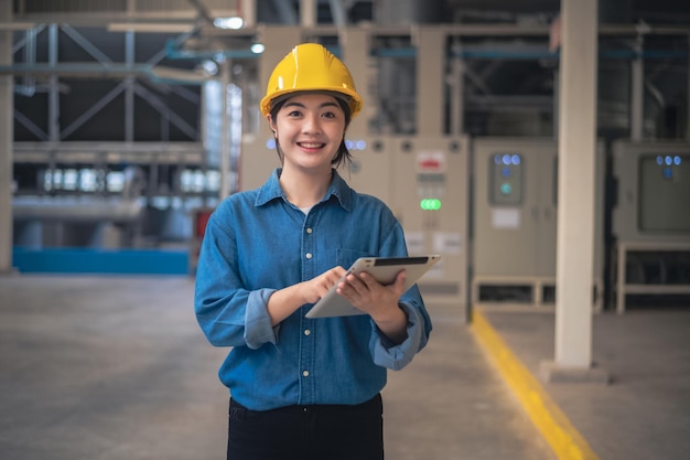 Asian woman engineer standing confident concept Asian woman are engineer factory inspecting machine in factory with computer Asian woman engineer working in factory Asia woman confident