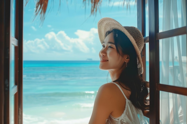 Asian woman enjoys ocean view at Caribbean resort