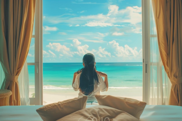 Asian woman enjoys ocean view at Caribbean resort