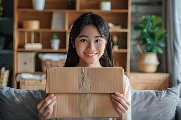 Asian woman excitedly opens online shopping delivery at home