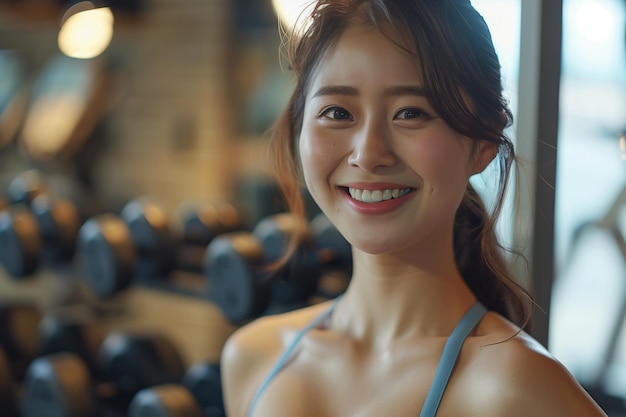 Asian woman exercising with dumbbells in the gym