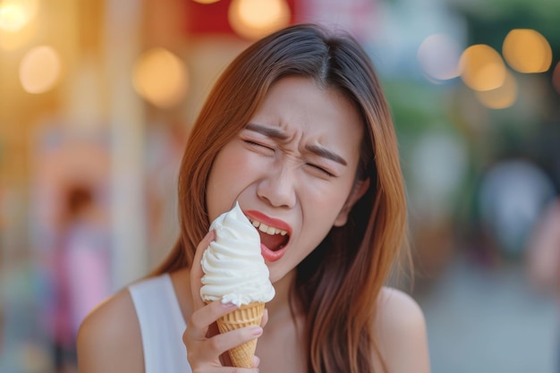 Asian Woman Experiencing Discomfort From Sensitive Teeth Reacts To Ice Cream