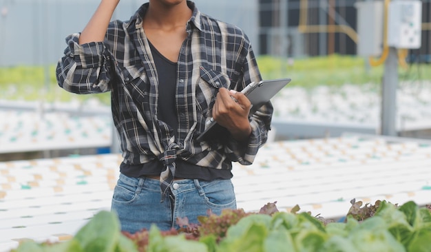 Asian woman farmer using digital tablet in vegetable garden at greenhouse Business agriculture technology concept quality smart farmer