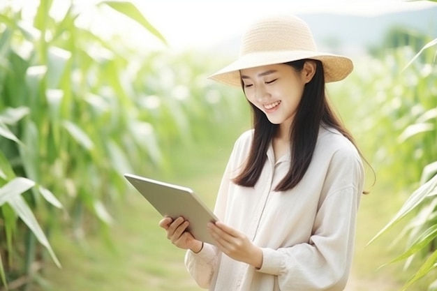 Asian woman farmer with digital tablet in corn field