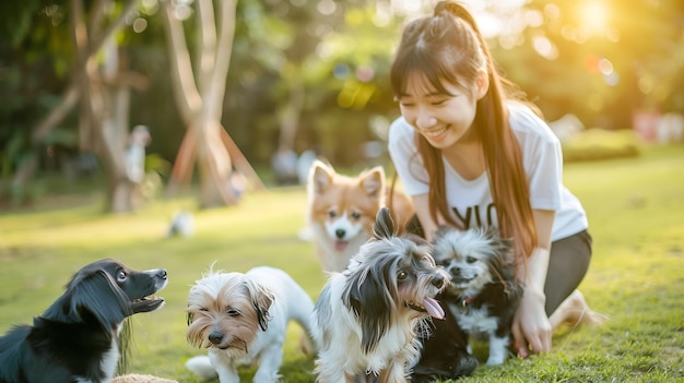 Asian woman friends with her dogs having fun urban outdoor activity lifestyle playin Generative AI