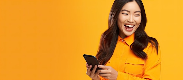 Asian woman in her 30s wearing orange shirt using smartphone showcasing free space on yellow background New app idea