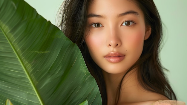 Asian Woman Holding Large Green Leaf in Naturalistic Beauty Editorial Shoot