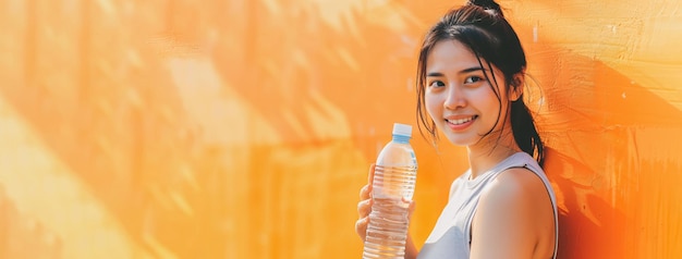 Asian woman holding a water bottle after yoga and exercise against an orange wall background