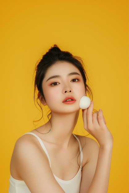 Asian woman holding white makeup sponge a blank yellow background