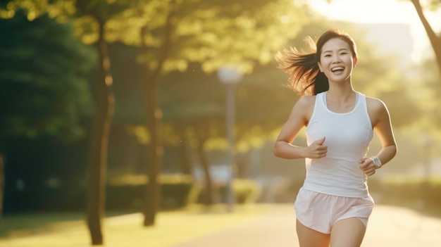 Asian woman in jogging suit running in the park