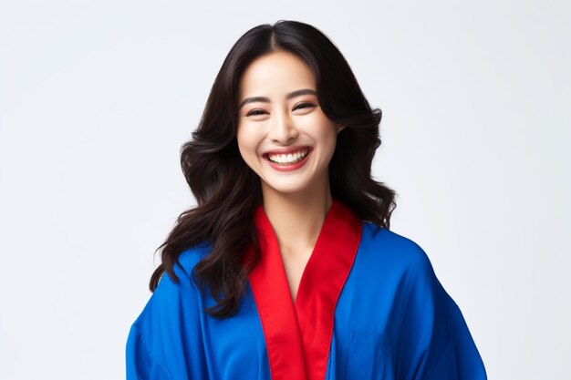 Asian woman laughing happily wearing blue kimono