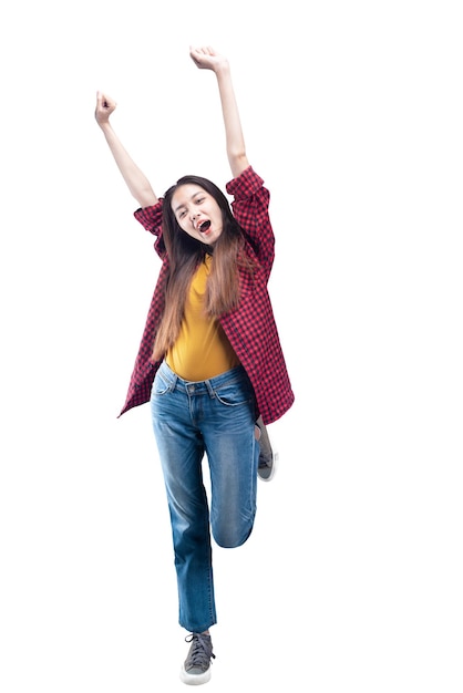 Asian woman raised hands with a happy expression isolated over white background