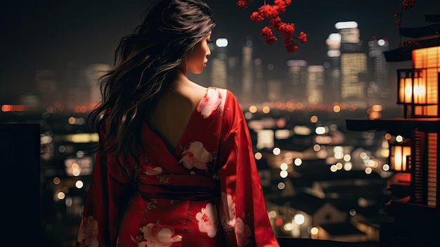 Asian woman in red kimono at night in the City