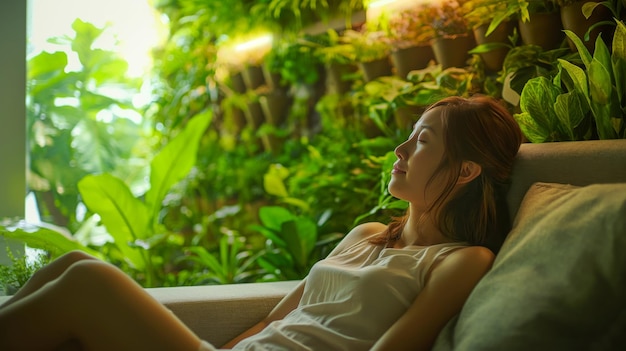 Photo an asian woman relaxes on a sofa eyes closed enjoying the view of lush green plants through a wall o