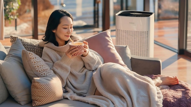 Asian woman relaxing on comfortable sofa at home with purifier beside