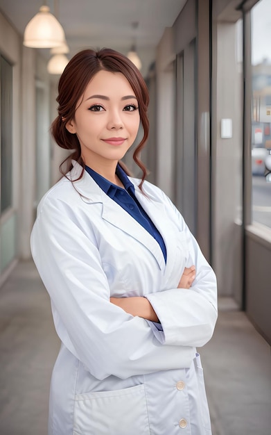 Asian woman researcher scientist wearing lab coat Generative AI