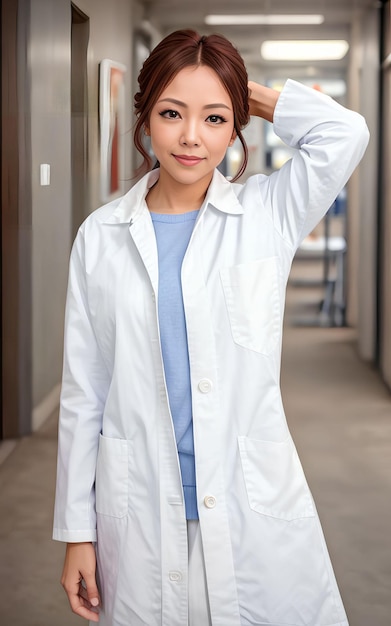 Asian woman researcher scientist wearing lab coat Generative AI