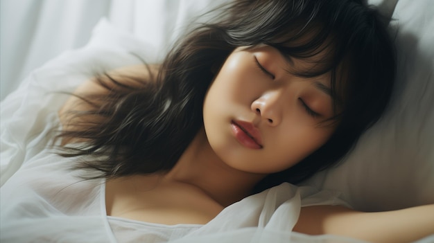 Asian Woman Resting in Bed With Closed Eyes