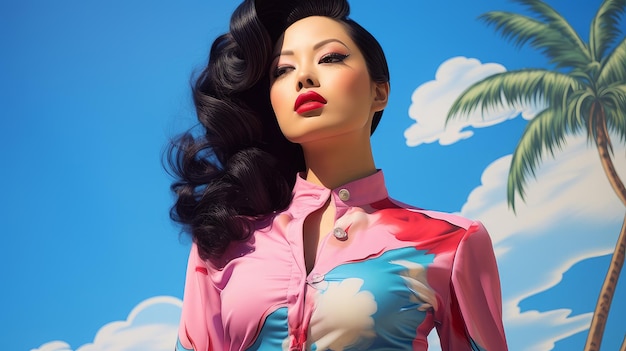 Asian woman in retro style in summer