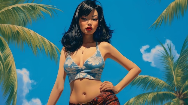 Asian woman in retro style in summer