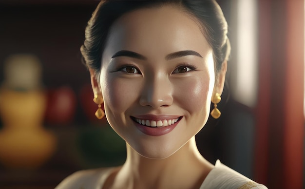 An Asian woman's face with freckles and a smile. ai generated