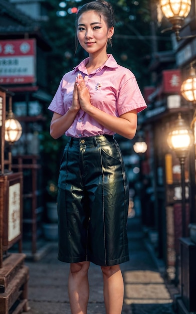 Photo asian woman do sawasdee or prayer pose at the market generative ai