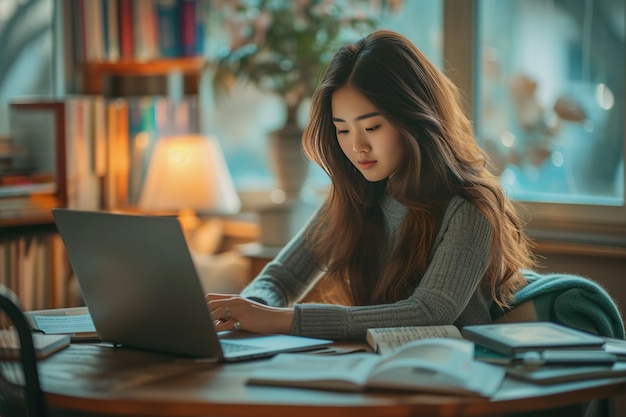 Asian woman sitting calmly working in an office full of books for success AI Generated