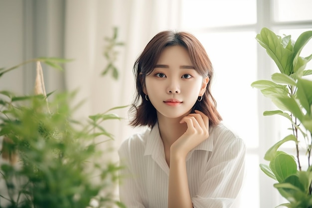 Asian woman sitting in front of window with plants background